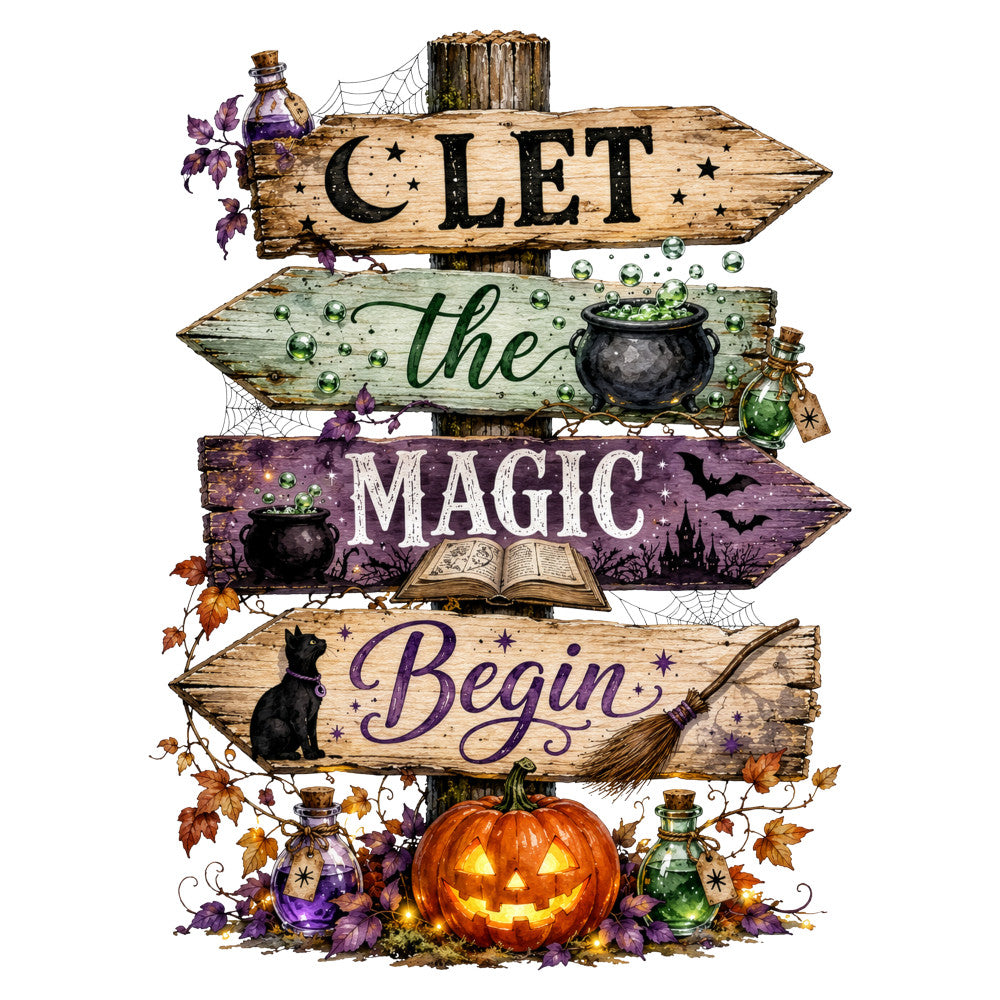 halloween, witchcraft, magic, autumn, fall, wooden signs, directional signs, purple, forest green, sage green, cream, black, orange, rustic, whimsical, spooky, enchanted, potion bottles, cauldrons, pumpkins, jack-o-lantern, black cat, broomstick, spell book, stars, moons, leaves, web details, vintage, gothic