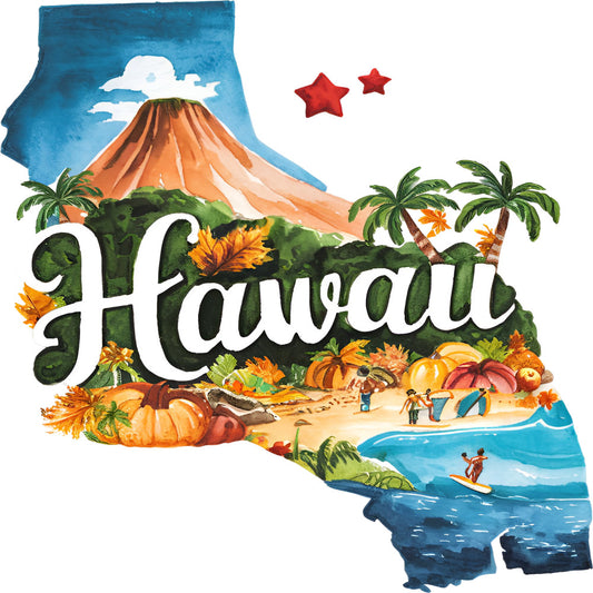 Classic US States Fabric Panel 11 featuring a colorful Hawaii design with volcano, palm trees, surfers, and pumpkins on premium quilting cotton.
