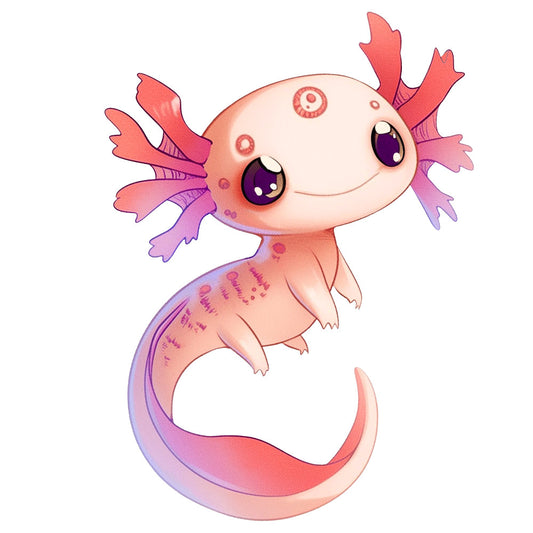 cartoon axolotl, pink salamander, purple gills, coral colors, kawaii style, cute animal, aquatic creature, fabric panel, quilting cotton, children's fabric, nursery decor, whimsical design, pastel colors, adorable character, amphibian art, soft pink, lavender purple, playful illustration, craft fabric, sewing panel