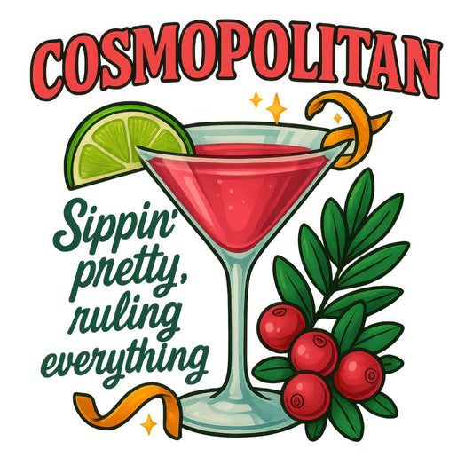 cosmopolitan cocktail, martini glass, lime wedge, cranberry red, bright green, orange peel, red berries, leafy garnish, cartoon style, playful illustration, drink themed, bar motif, fabric panel, quilting cotton, beverage design, festive colors, cocktail party, mixed drinks, retro styling, fun graphics