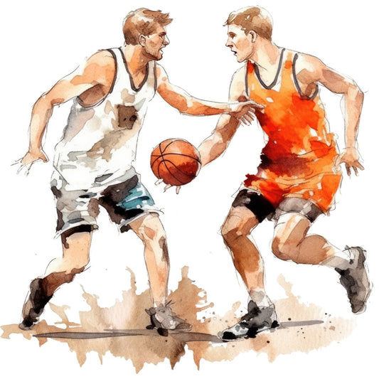 basketball, sports, athletic, watercolor, orange, cream, white, tan, beige, brown, rust, action, competitive, sporty, male figures, men, dynamic movement, abstract watercolor, modern, casual, contemporary, playful, energetic, recreation, hobby, teams, game day, boys bedroom, sports enthusiast, athlete illustration