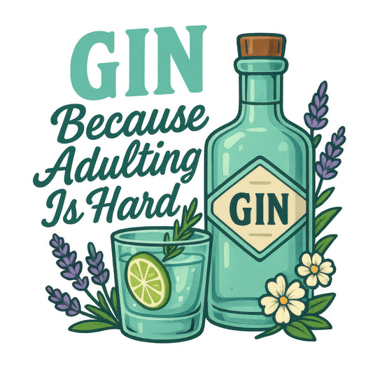 gin bottle, cocktail glass, lime slice, lavender sprigs, white flowers, green leaves, cork stopper, teal green, sage green, purple accents, yellow flowers, botanical elements, vintage illustration, alcohol theme, bar motif, fabric panel, quilting cotton, adult humor, drinking theme, retro style