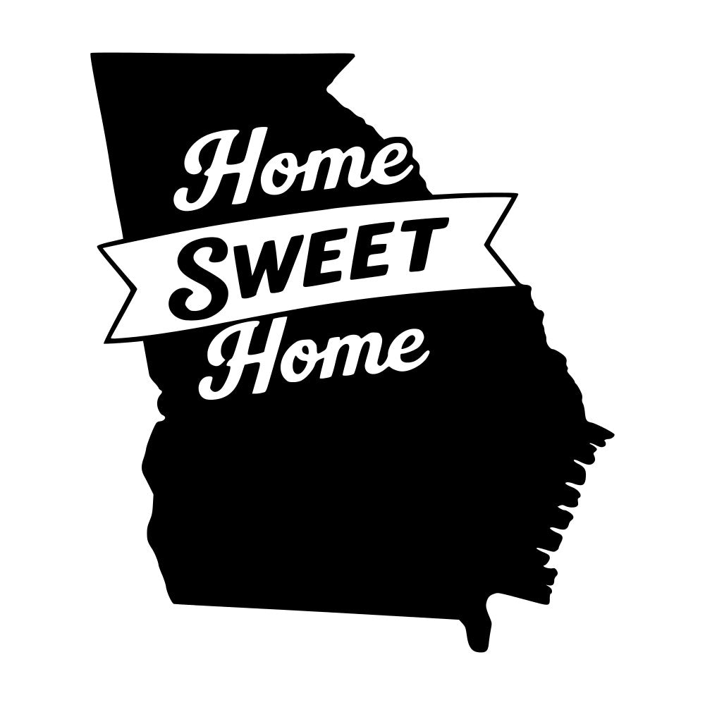 home sweet home, georgia, state silhouette, black and white, monochrome, geographic, map, typography, text design, sentiment, inspirational, home decor, wall hanging, banner style, ribbon banner, vintage style, rustic, americana, patriotic, regional pride, home themed, decorative text, bold graphics, high contrast, statement piece, housewarming gift