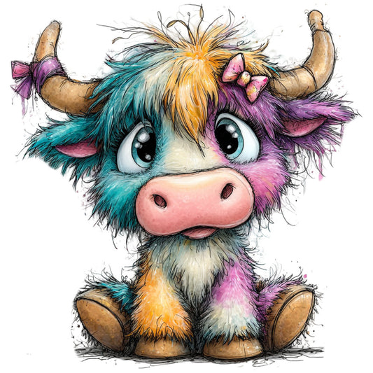 multicolored, whimsical, cute animal, highland cattle, colorful cow, turquoise, magenta, golden yellow, pink, purple, illustrated, adorable, children's, playful, painted, watercolor style, fabric art, nursery, baby, charming, quirky, artistic, decorative panel, children's room, wall hanging, statement piece, gender neutral, rainbow colors, folk art, artistic illustration