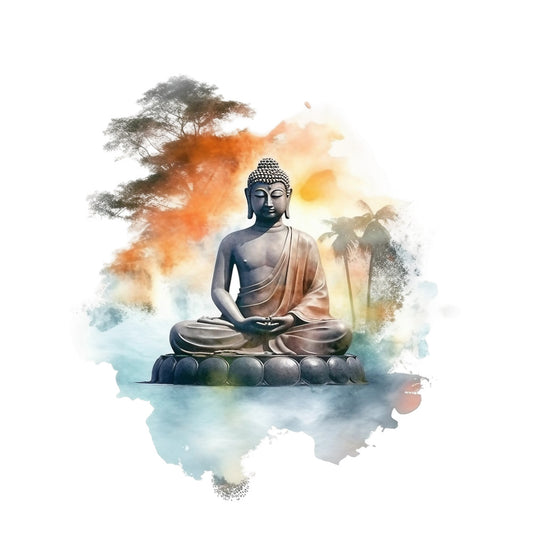 watercolor, buddha, meditation, lotus throne, orange, teal, blue, gray, spiritual, zen, peaceful, serene, sitting pose, tree silhouettes, fabric panel, quilting cotton, abstract brushstrokes, tranquil, mindfulness, buddhist art