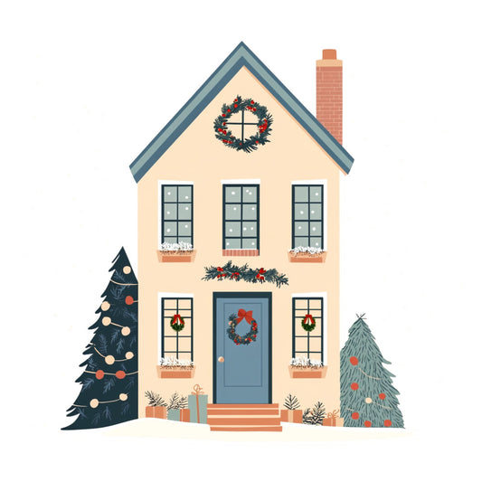 christmas, holiday, festive, winter, cream, beige, navy blue, slate blue, brick red, forest green, sage green, wreath, garland, decorative door, house, cottage, farmhouse, traditional, whimsical, evergreen trees, presents, gifts, window, chimney, door wreath, red bow, rustic, cozy, seasonal, home decor