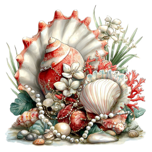 coral pink, cream white, seafoam green, pearl white, red, seashells, pearls, ocean, nautical, coastal, marine life, coral, seaweed, elegant, vintage, whimsical, romantic, seaside, beach, shell motif, decorative beads, ornamental, sophisticated, nature-inspired, coastal theme, summer, beach decor, home accent, wall hanging, decorative panel