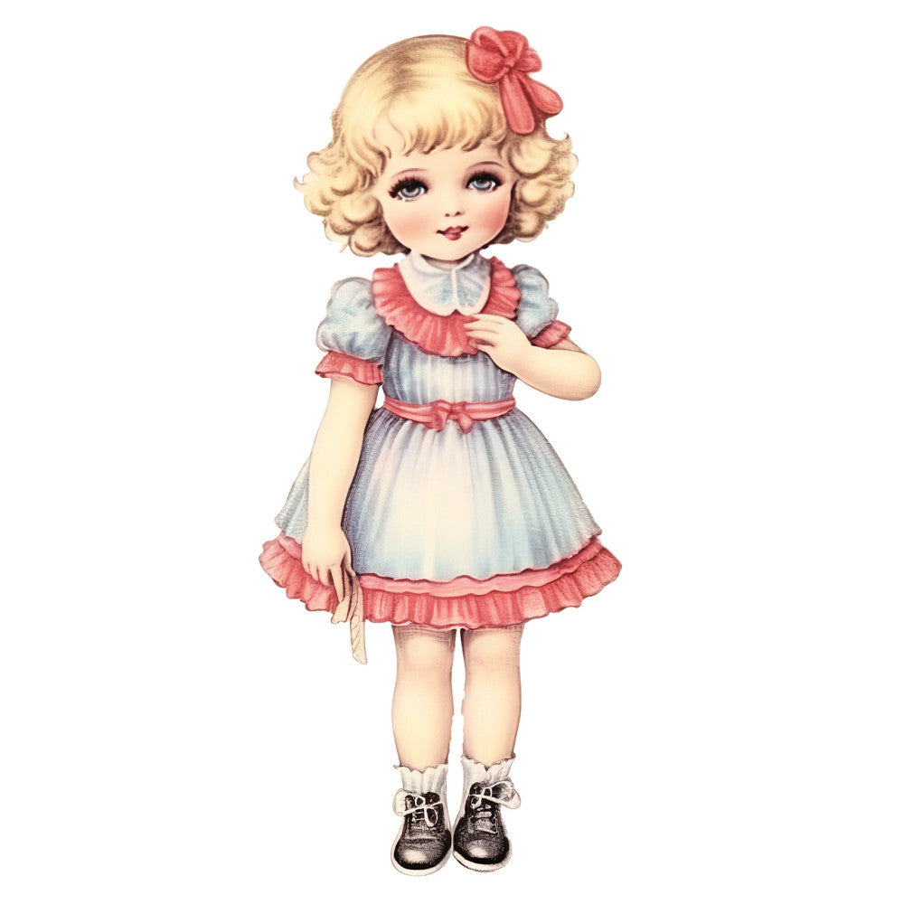 vintage doll, retro girl, blond curls, coral pink, dusty blue, cream, pastel colors, figurative, character, whimsical, nostalgic, retro style, classic, traditional, child portrait, little girl, doll face, peter pan collar, ruffled dress, bow detail, mary jane shoes, sweet, charming, storybook, illustration, novelty print, children's theme, timeless, feminine, dress up