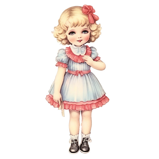 vintage doll, retro girl, blond curls, coral pink, dusty blue, cream, pastel colors, figurative, character, whimsical, nostalgic, retro style, classic, traditional, child portrait, little girl, doll face, peter pan collar, ruffled dress, bow detail, mary jane shoes, sweet, charming, storybook, illustration, novelty print, children's theme, timeless, feminine, dress up