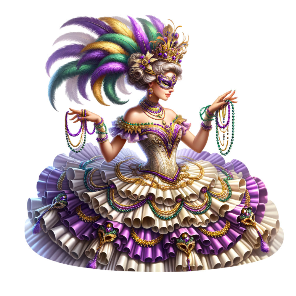 purple, gold, green, teal, ivory, feathers, masquerade mask, elaborate gown, beaded jewelry, carnival costume, ornate headdress, ruffled dress, mardi gras celebration, festive woman, digital art style, fabric panel, quilting cotton, new orleans theme, party beads, venetian mask