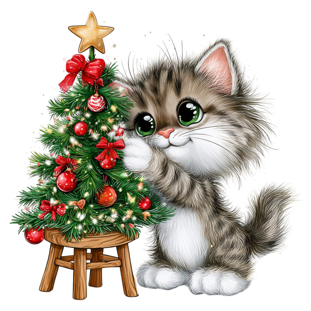 cat, kitten, christmas tree, holiday, festive, red ornaments, gold star, green, red, white, gray, whimsical, cute, adorable, animals, winter, christmas, seasonal, decorative, children's, playful, fuzzy, furry, pet themed, tree decorations, bows, ribbons, sparkly, festive cheer