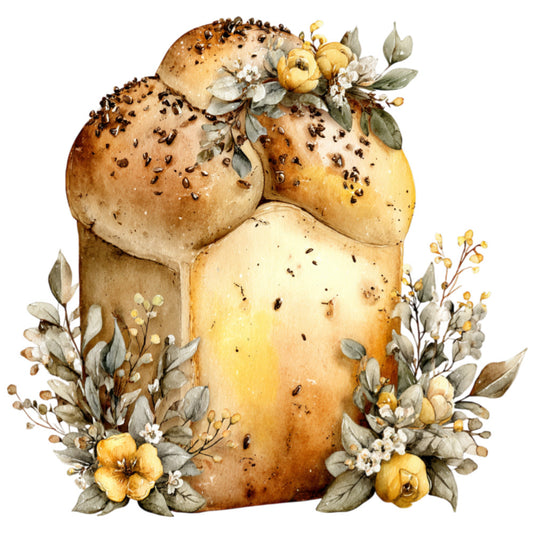 seeded bread, sesame seeds, caraway seeds, baked goods, bakery, golden brown, cream, tan, beige, rust, floral, botanical, flowers, leaves, herbs, nature, vintage, rustic, farmhouse, whimsical, elegant, autumn, fall, harvest, bread loaf, food illustration, watercolor, organic, natural, decorative arts