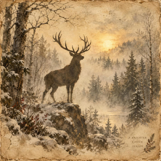 winter deer, stag, antlers, forest, evergreen trees, snowy landscape, wildlife, nature, vintage, rustic, cream, tan, beige, sepia tones, warm neutrals, woodland, misty forest, peaceful, majestic, traditional, nostalgic, winter scene, conifer trees, birch trees, snow-covered, celestial glow, golden hour, wildlife art, nature lovers, cabin style
