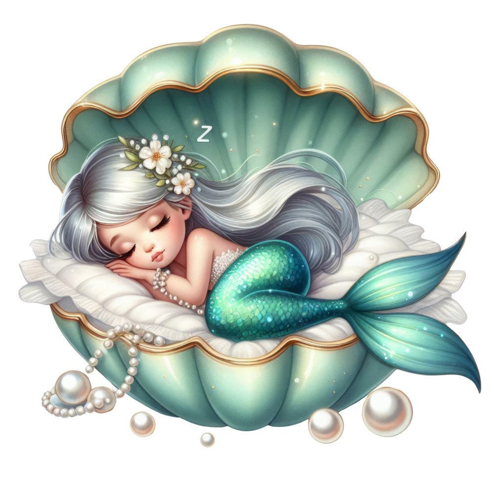 sleeping mermaid, seafoam green, teal blue, pearl white, silver hair, seashell bed, ocean fantasy, whimsical illustration, fabric panel, quilting cotton, maritime theme, underwater scene, pearls, floral crown, mermaid tail, scales pattern, soft pastels, dreamy artwork, children's fabric, nursery panel