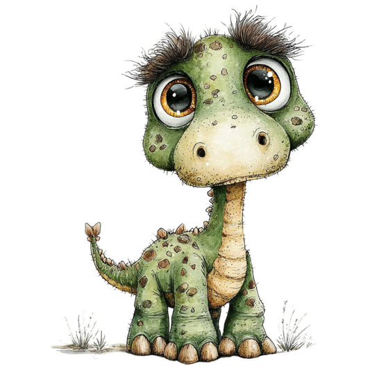 sage green, golden yellow, olive green, cream, tan, brown, cute dinosaur, baby dinosaur, whimsical, children's, kids, playful, animal, reptile, dino, spotted pattern, spots, textured, illustration, character, nursery, baby, toddler, fun, friendly, gentle, nature-inspired, storybook, wall hanging, baby quilt