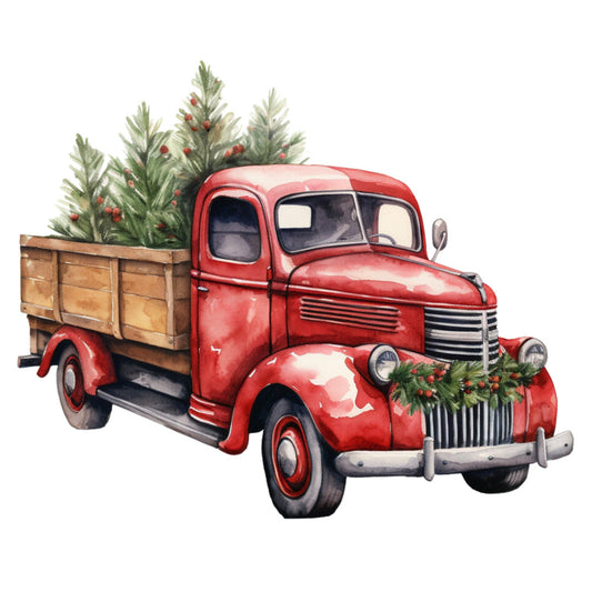 red truck, vintage vehicle, christmas trees, evergreen branches, watercolor style, fabric panel, quilting cotton, holiday theme, rustic charm, wooden truck bed, chrome grille, festive garland, pine boughs, red berries, farmhouse style, nostalgic artwork, winter scene, christmas decor, automotive design, seasonal fabric