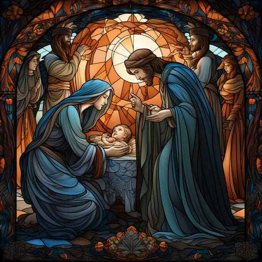 nativity scene, stained glass, fabric panel, jesus birth, mary, joseph, baby jesus, angels, biblical scene, orange glow, blue robes, amber light, religious imagery, christmas theme, holy family, manger scene, flowing robes, divine light, sacred art, quilting panel