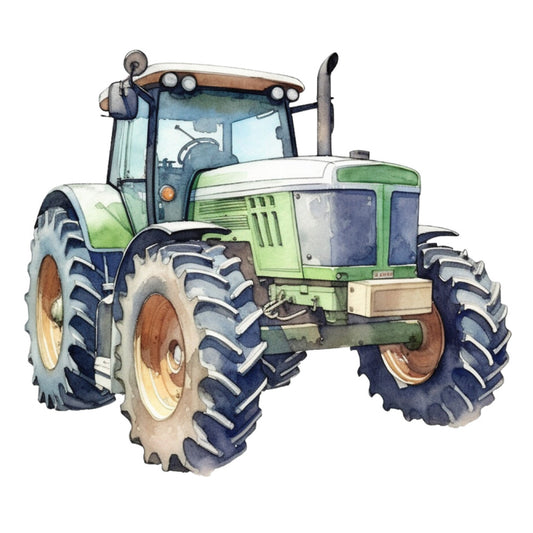 watercolor tractor, green tractor, farm vehicle, agricultural machinery, blue tires, brown wheels, glass cab, exhaust pipe, fabric panel, quilting cotton, children's fabric, boys fabric, farm theme, countryside, transportation, vehicle illustration, painted style, soft colors, nursery fabric, craft panel