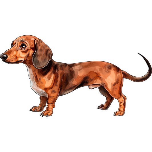 dachshund, dog, rust brown, reddish brown, tan, chocolate brown, animals, pet, puppy, dog lover, whimsical, illustration, detailed, realistic, animal portrait, cute, adorable, home decor, novelty, dog breed, sausage dog, long dog, short legged, tail, floppy ears, quirky, fun, casual style