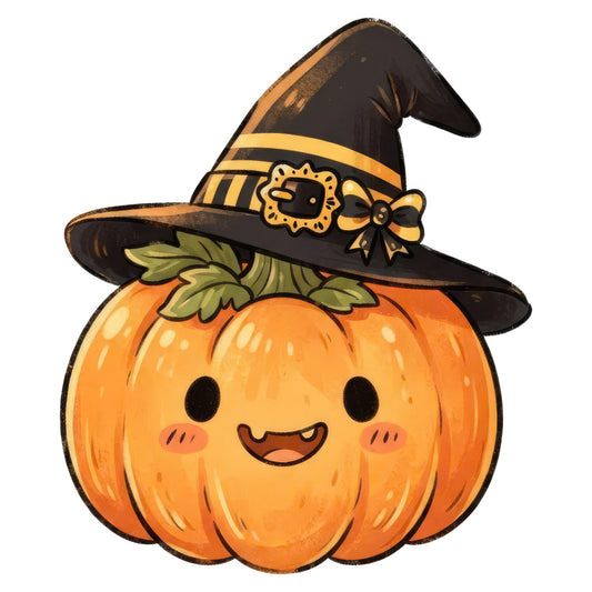 cute pumpkin, witch hat, halloween, autumn, fall, orange, black, gold, yellow, whimsical, kawaii, smiling face, jack-o-lantern, holiday, seasonal, festive, children's, kid-friendly, harvest, decoration, cheerful, charming, trick-or-treat, spooky-but-sweet, bow detail, leaf motif, bronze accents, warm tones, playful design, textile art