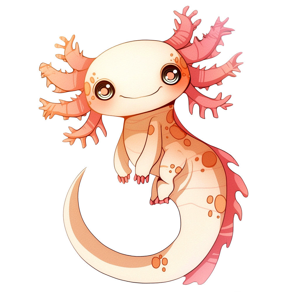 cartoon axolotl, pink coral, cream beige, orange peach, aquatic creature, cute character, kawaii style, external gills, spotted pattern, salamander, fabric panel, quilting cotton, children's fabric, nursery theme, marine life, whimsical design, soft pastels, adorable animal, craft material, sewing project