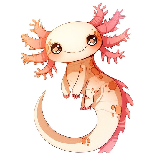 cartoon axolotl, pink coral, cream beige, orange peach, aquatic creature, cute character, kawaii style, external gills, spotted pattern, salamander, fabric panel, quilting cotton, children's fabric, nursery theme, marine life, whimsical design, soft pastels, adorable animal, craft material, sewing project