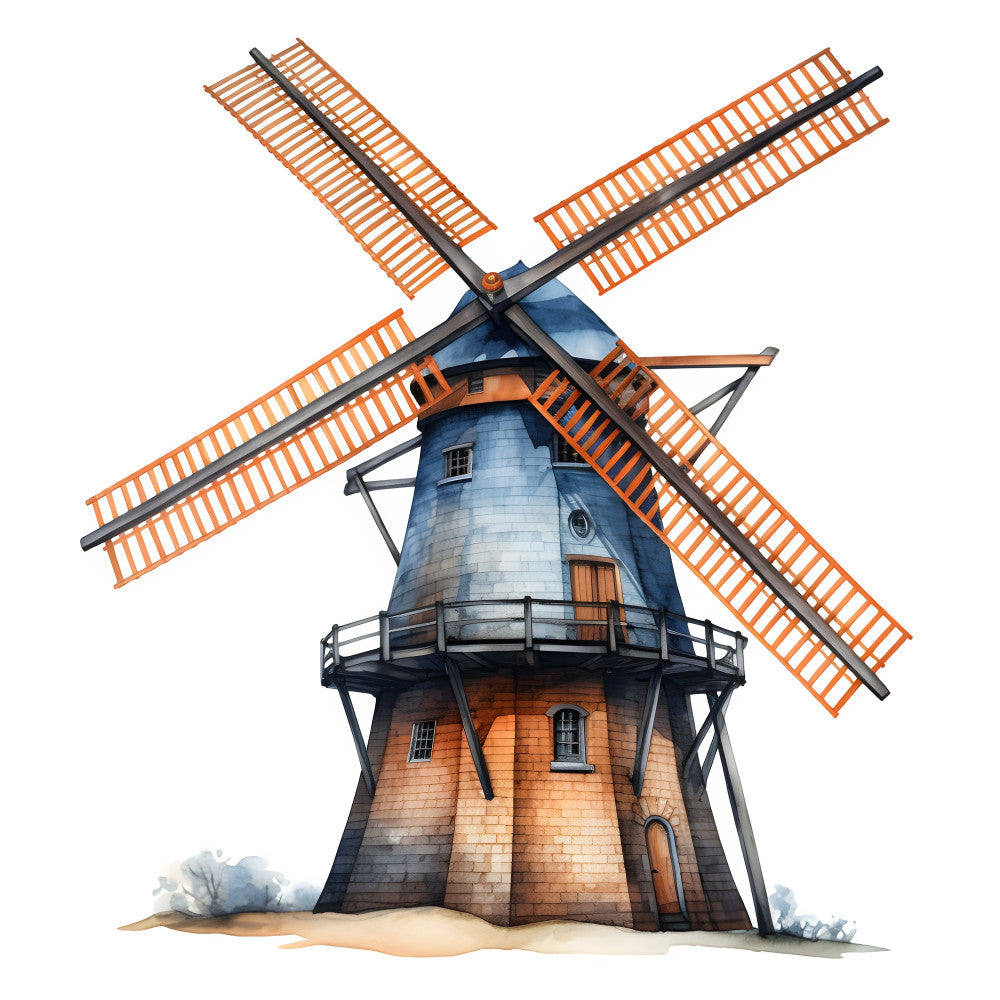 windmill, dutch windmill, orange, blue, brick, rustic, farmhouse, vintage, countryside, european architecture, traditional, building, scenic landscape, whimsical, storybook, folk art, novelty print, home decor, wall hanging, orange brick, slate blue, beige, tan, architectural, heritage, classic, charming, quaint, cottage core