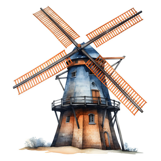 windmill, dutch windmill, orange, blue, brick, rustic, farmhouse, vintage, countryside, european architecture, traditional, building, scenic landscape, whimsical, storybook, folk art, novelty print, home decor, wall hanging, orange brick, slate blue, beige, tan, architectural, heritage, classic, charming, quaint, cottage core