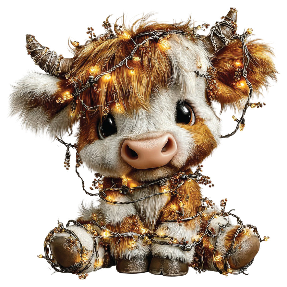 christmas lights, highland cow, brown fur, white markings, golden lights, festive decoration, cattle portrait, warm amber glow, fluffy fur texture, holiday theme, fabric panel, quilting cotton, seasonal design, adorable animal, cozy atmosphere, winter decor, bovine character, illuminated garland, rustic charm, farmhouse style