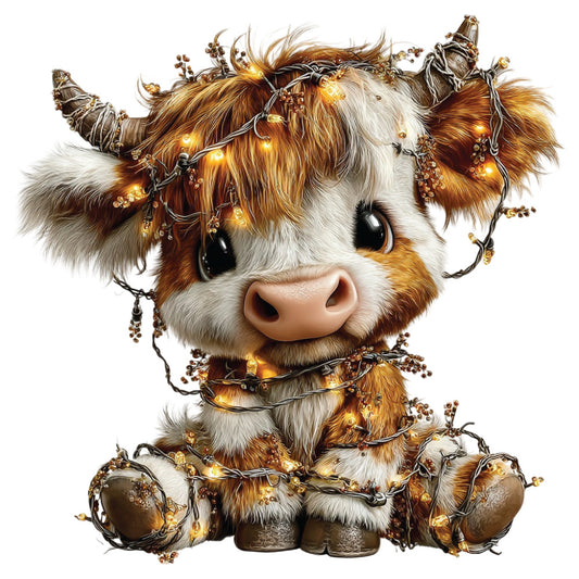 christmas lights, highland cow, brown fur, white markings, golden lights, festive decoration, cattle portrait, warm amber glow, fluffy fur texture, holiday theme, fabric panel, quilting cotton, seasonal design, adorable animal, cozy atmosphere, winter decor, bovine character, illuminated garland, rustic charm, farmhouse style
