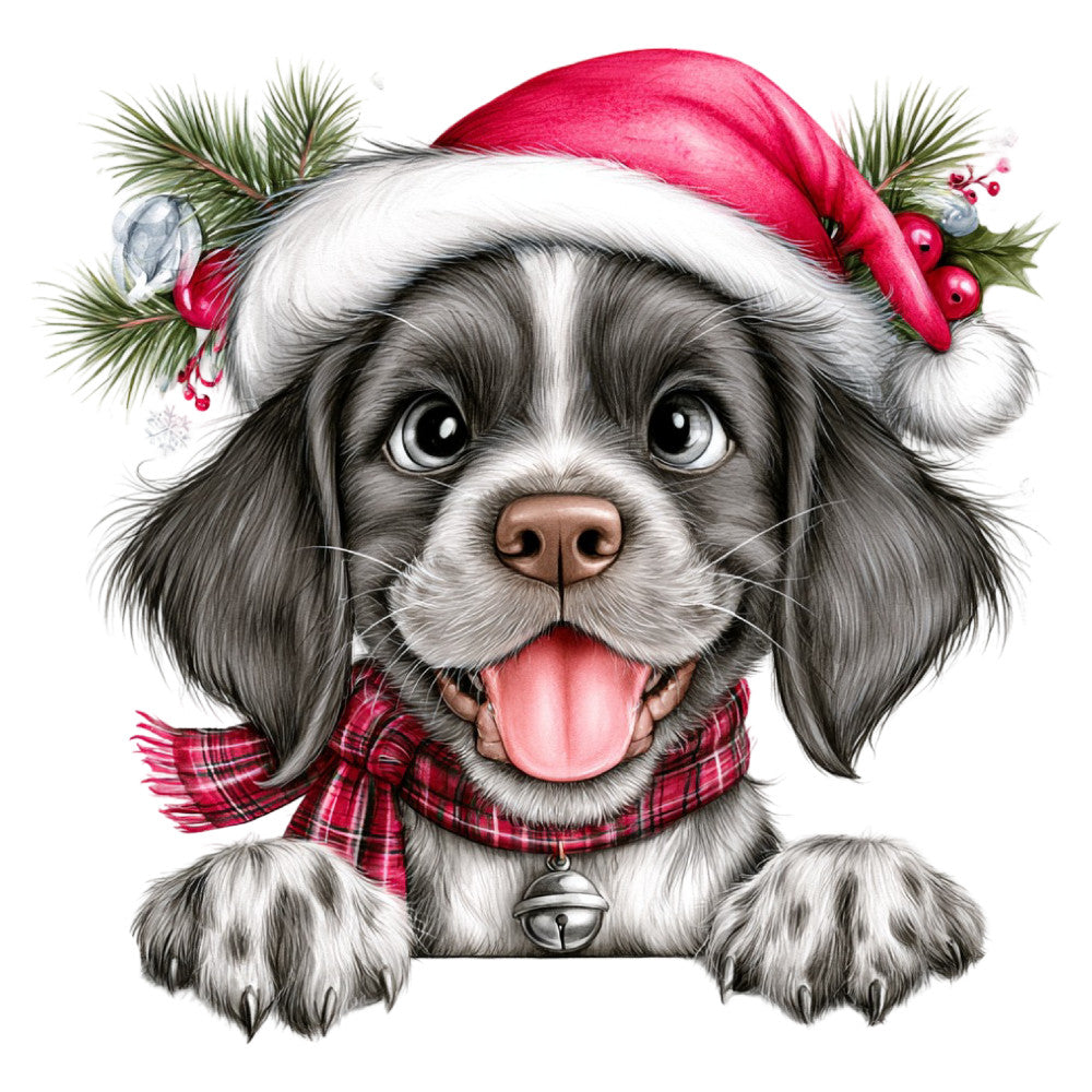 christmas dog, holiday puppy, festive pet, black and white dog, spaniel, cute dog, santa hat, pink santa hat, plaid scarf, red plaid, holiday scarf, evergreen branches, holly berries, winter bells, jingle bell, whimsical dog, playful dog, tongue out, happy puppy, christmas animal, festive holiday, seasonal decoration, pet portrait, dog lover gift, cheerful christmas, red and white, dark gray, cream white, winter greenery