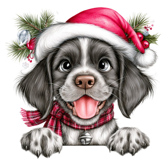 christmas dog, holiday puppy, festive pet, black and white dog, spaniel, cute dog, santa hat, pink santa hat, plaid scarf, red plaid, holiday scarf, evergreen branches, holly berries, winter bells, jingle bell, whimsical dog, playful dog, tongue out, happy puppy, christmas animal, festive holiday, seasonal decoration, pet portrait, dog lover gift, cheerful christmas, red and white, dark gray, cream white, winter greenery
