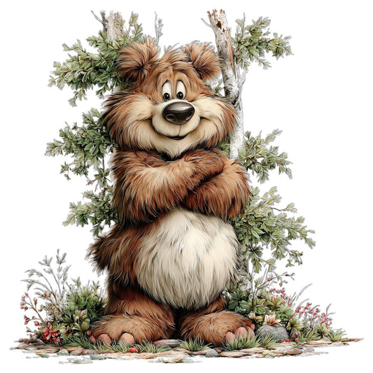 forest green, cream white, brown, tan, woodland animals, cute bear, nature, whimsical, rustic, garden, trees, foliage, leaves, flowers, wildlife, children's, storybook, forest creature, charming, decorative panel, bedding, nursery, child's quilt, wall hanging, nature lover, woodland theme, playful, illustration style, botanical, pastoral