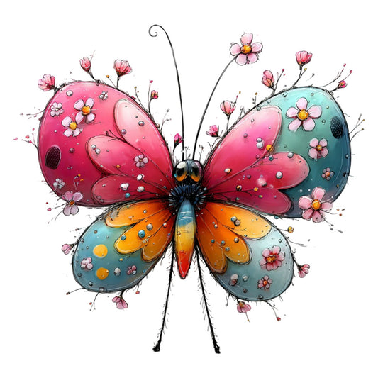 butterfly, pink, coral pink, turquoise, teal, orange, gold, whimsical, nature, floral, flowers, spring, summer, colorful, vibrant, insects, botanical, elegant, decorative, children's, nursery, wall hanging, artistic, watercolor style, dimensional flowers, fantasy, magical, garden theme, petite florals, mixed colors