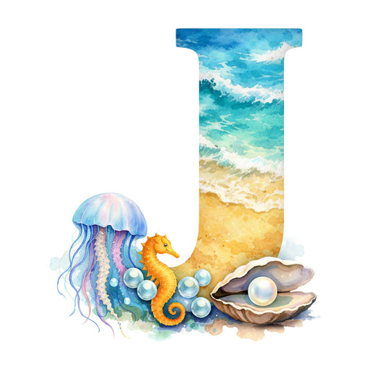 ocean beach, turquoise, sandy beige, sky blue, coral orange, seafoods, jellyfish, seahorse, pearl shell, waves, coastal, nautical, marine life, underwater, whimsical, watercolor, summer, beach scene, alphabet letter j, children's, nursery, tropical, aquatic animals, bubbles, seashell, gold yellow, cream white, nature inspired