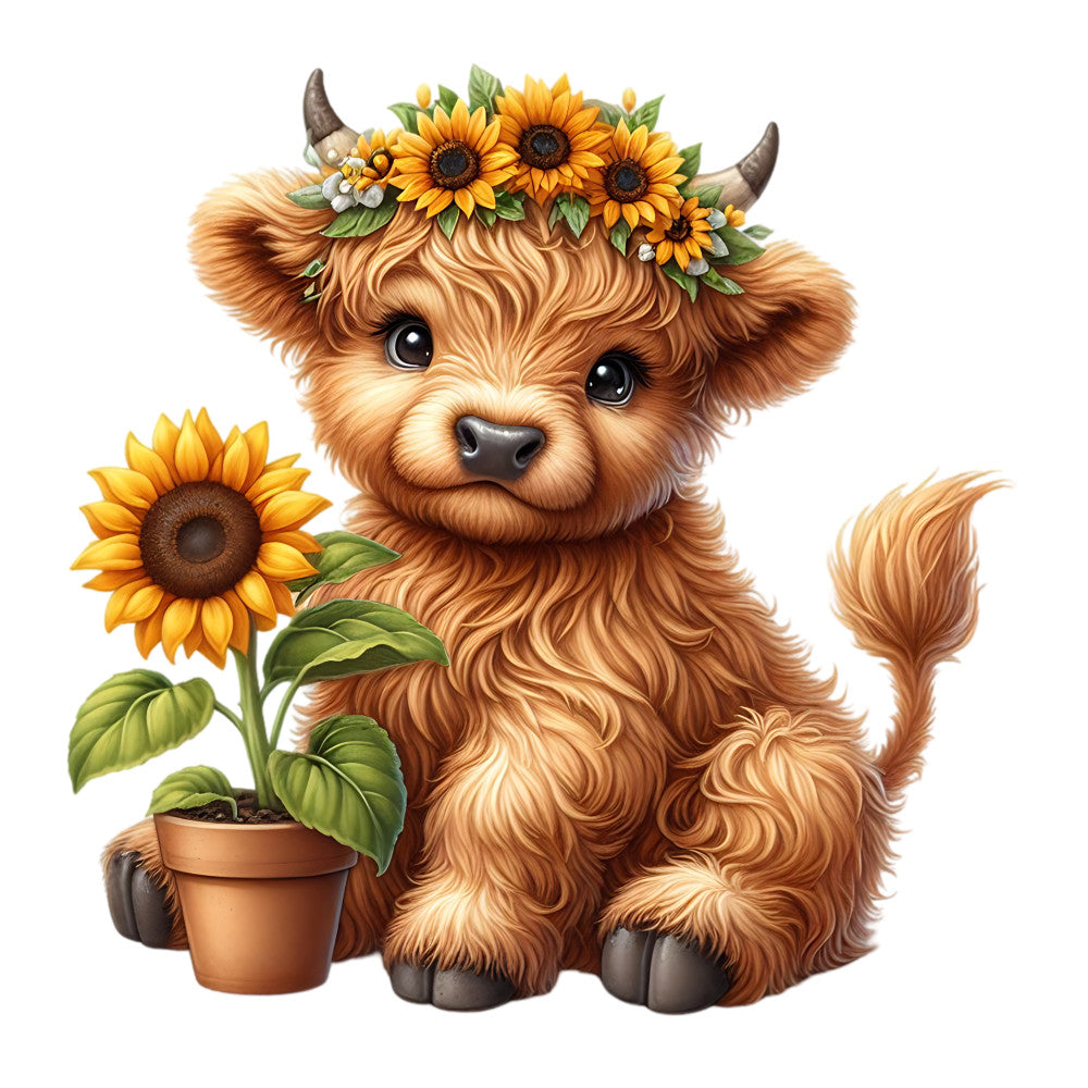 Sunflower Highland Cows Fabric Panel 10 features a cute calf with a sunflower crown sitting beside a potted sunflower plant.