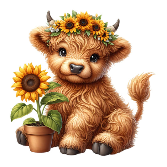 Sunflower Highland Cows Fabric Panel 10 features a cute calf with a sunflower crown sitting beside a potted sunflower plant.