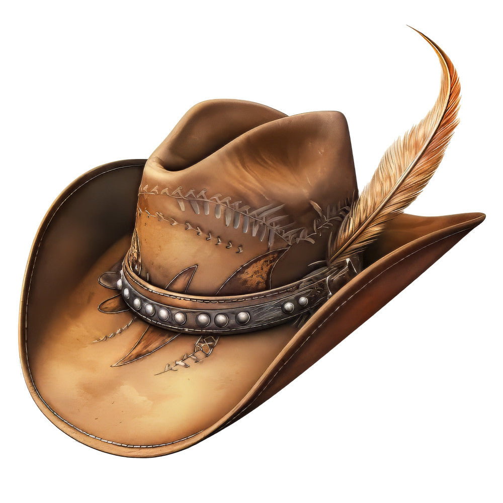 tan, brown, cream, leather, cowboy hat, western, feather, studs, pearls, rustic, country, rodeo, southwestern, vintage, farmhouse, wild west, decorative, embellished, stitched details, desert, americana, traditional, frontier, ranch, equestrian, wall hanging, home decor, boho western