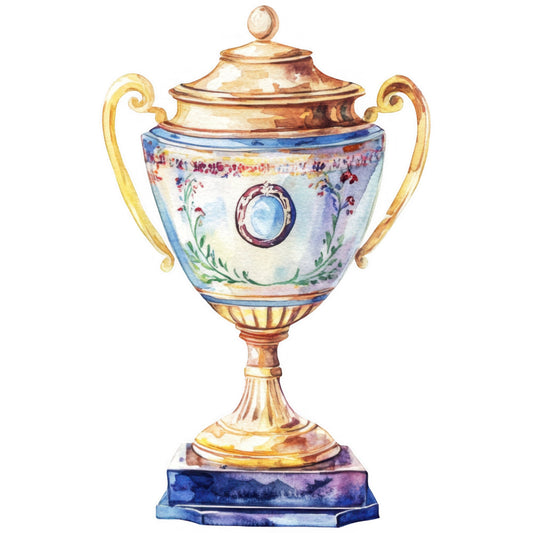 gold urn, decorative urn, vintage urn, classical urn, elegant, traditional, ornamental, floral motif, blue and gold, cream white, burgundy red, flower garland, scrolled handles, pedestal base, neoclassical, timeless, ornate, sophisticated, botanical, formal, antique style, vase design, decorative arts, home decor, accent fabric, statement print, damask inspired, purple flowers, roses, scrollwork