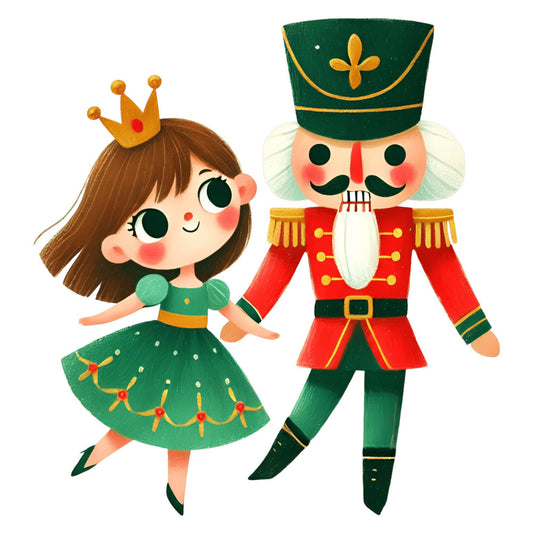 nutcracker, princess, ballet, holiday, christmas, festive, children, whimsical, fairy tale, gold, red, forest green, emerald green, cream, vintage, traditional, elegant, toy soldier, crown, dancing girl, decorative characters, seasonal, winter, classic, storybook, theatrical, costume, charming, playful, retro