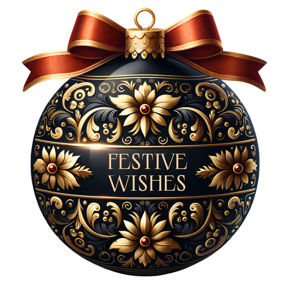 black, gold, burgundy, red, christmas ornament, floral motifs, decorative scrollwork, ornate patterns, elegant bow, ribbon details, festive design, holiday themed, fabric panel, quilting cotton, luxurious styling, baroque flourishes, seasonal decor, ornamental design, rich colors, metallic accents