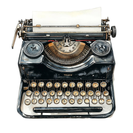 vintage typewriter, antique typewriter, black and cream, gold accents, brass details, steampunk, retro, nostalgic, literary, writer, author, typewriter keys, mechanical, industrial, mid-century, vintage office, typography, classic, elegant, timeless, collectible, desk accessories, writing theme, beige, dark charcoal, machine illustration, detailed print, realistic design, hobby themed, craft room