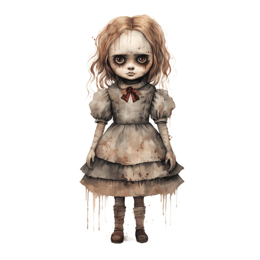 taupe, beige, cream, brown, pale pink, burgundy, muted tones, neutral colors, vintage doll, gothic, creepy cute, whimsical, dark whimsy, children's illustration, storybook, doll motif, girl figure, character design, haunting, eerie, quirky, artistic, hand-drawn, watercolor style, illustration art, character panel, novelty, contemporary art, unique design, statement piece