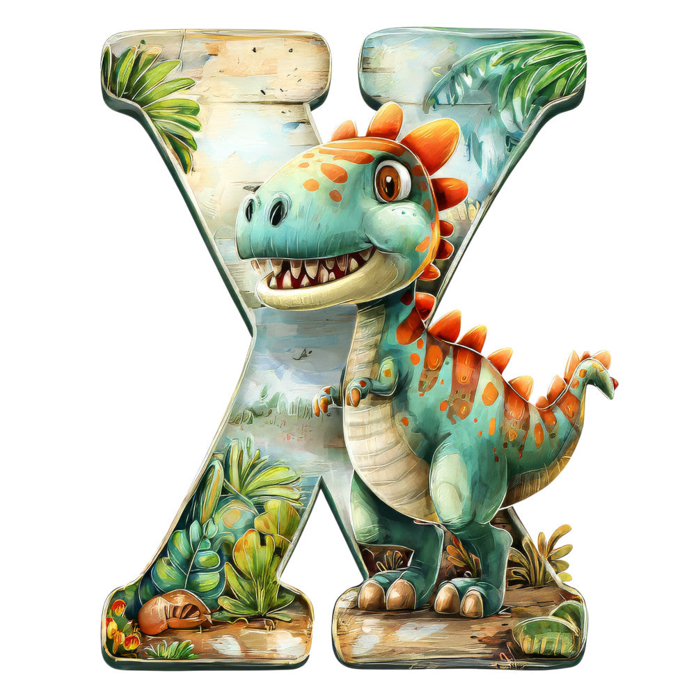 dinosaur, letter x, turquoise, orange, green, prehistoric, cartoon style, friendly dinosaur, tropical plants, fabric panel, quilting cotton, children's fabric, educational alphabet, spikes, teeth, jungle scene, playful illustration, nursery fabric, bright colors, whimsical design