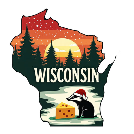 Christmas US States Fabric Panel 2 featuring Wisconsin shape with holiday sunset, pine trees, badger in Santa hat, and cheese block.