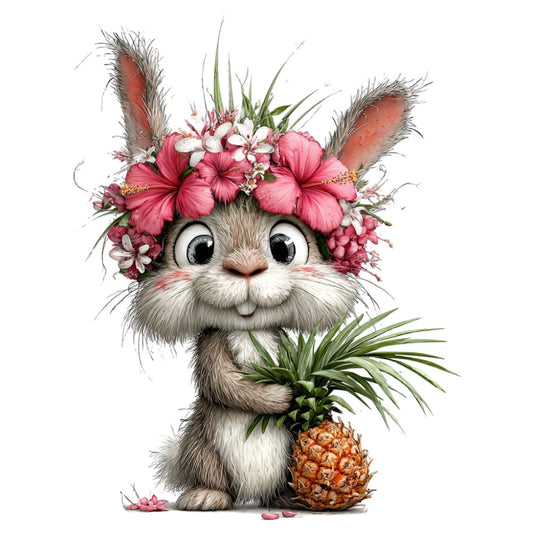 cute bunny, rabbit, pink flowers, hibiscus, floral crown, whimsical, animal, pineapple, tropical, spring, summer, coral pink, dusty rose, cream white, sage green, nature theme, children's fabric, baby nursery, playful, charming, botanical, fruit motif, flower crown, decorative ears, sweet, cheerful, modern whimsical, illustration style
