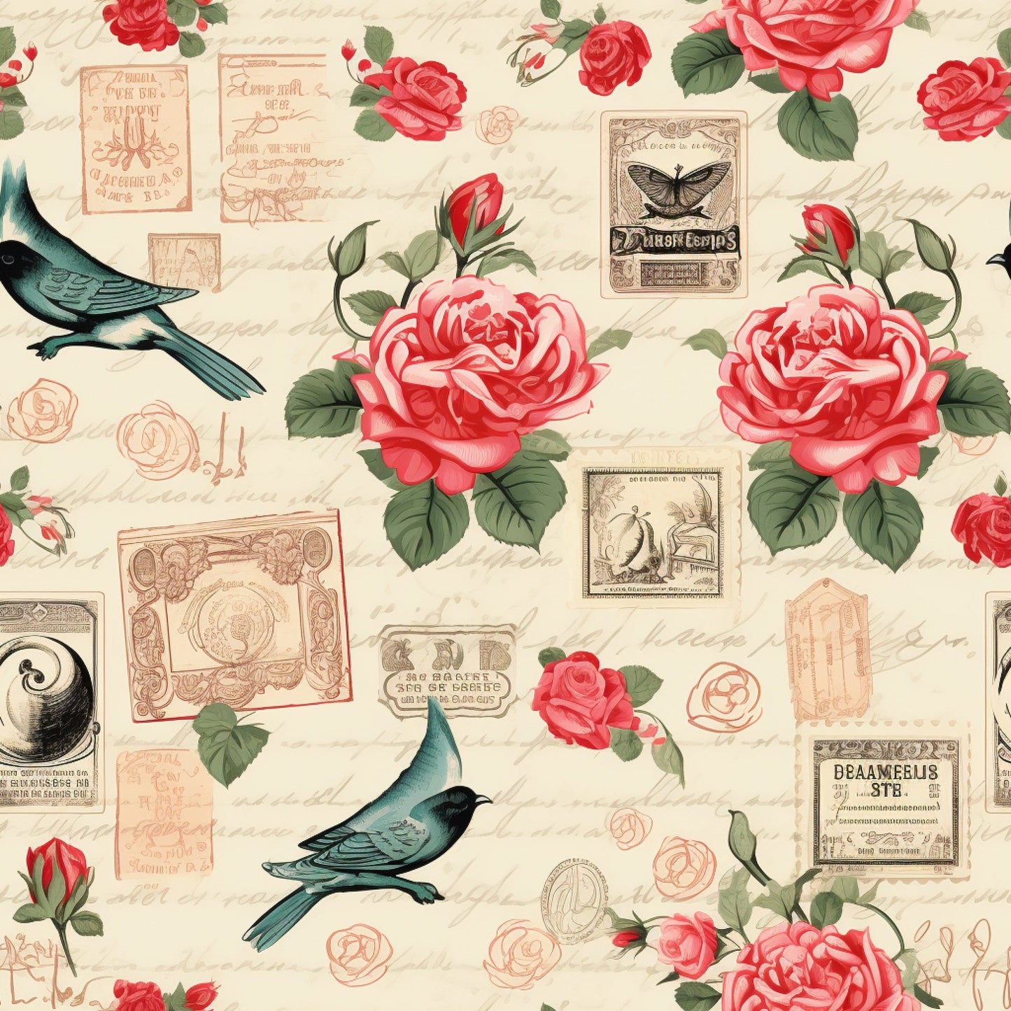 Vintage Love Stamps Pattern 10 Quilting Cotton Fabric