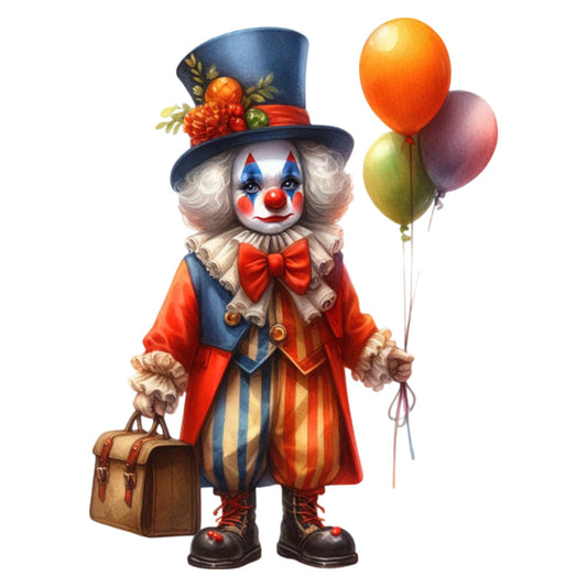 clown, whimsical, vintage, circus, character, red, navy blue, cream, orange, gold, striped, balloons, top hat, colorful, festive, playful, children's, novelty, performance, entertaining, retro, illustration, detailed, suitcase, flowers, fun, entertainment, party