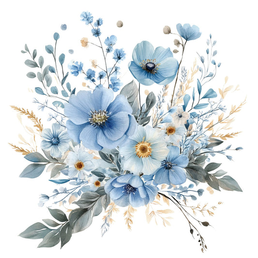 sky blue, powder blue, navy blue, cream white, soft gray, sage green, gold, watercolor floral, botanical, wildflowers, daisies, poppies, delicate flowers, anemones, eucalyptus leaves, ornamental grasses, elegant, romantic, vintage, whimsical, spring, summer, nature-inspired, garden theme, cottage core, soft and dreamy, feminine, timeless, traditional floral, botanical illustration