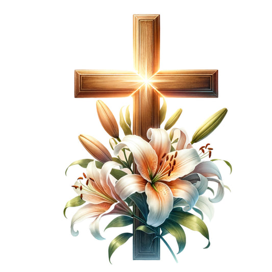 watercolor, christian cross, easter lilies, wooden cross, peach flowers, white petals, orange stamens, green leaves, bright light, radiant glow, religious symbol, spring blooms, fabric panel, quilting cotton, floral design, resurrection theme, golden brown wood, botanical illustration, easter celebration, spiritual motif